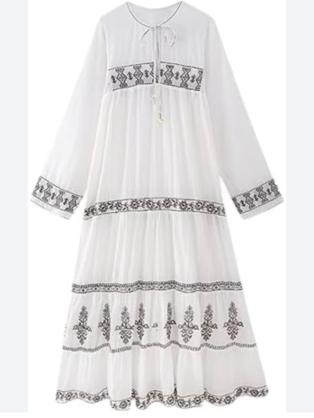 Zara White Maxi Dress with Black Embroidery